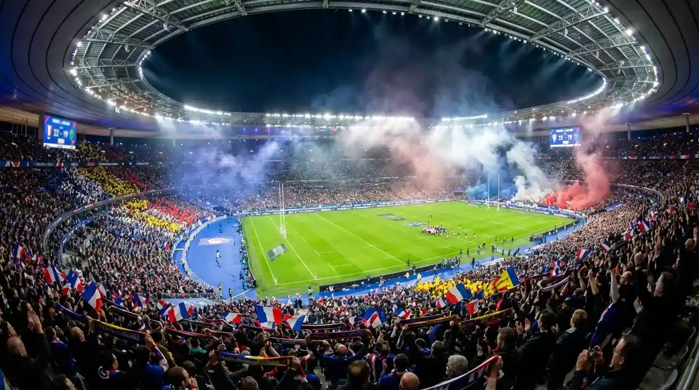 Tribunes pleines de spectateurs lors d'un match de rugby du Top 14 avec ambiance festive